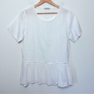 Terzo Millennio Italy Linen White Daisy Floral Eyelet Ruffle Hem Top Simple